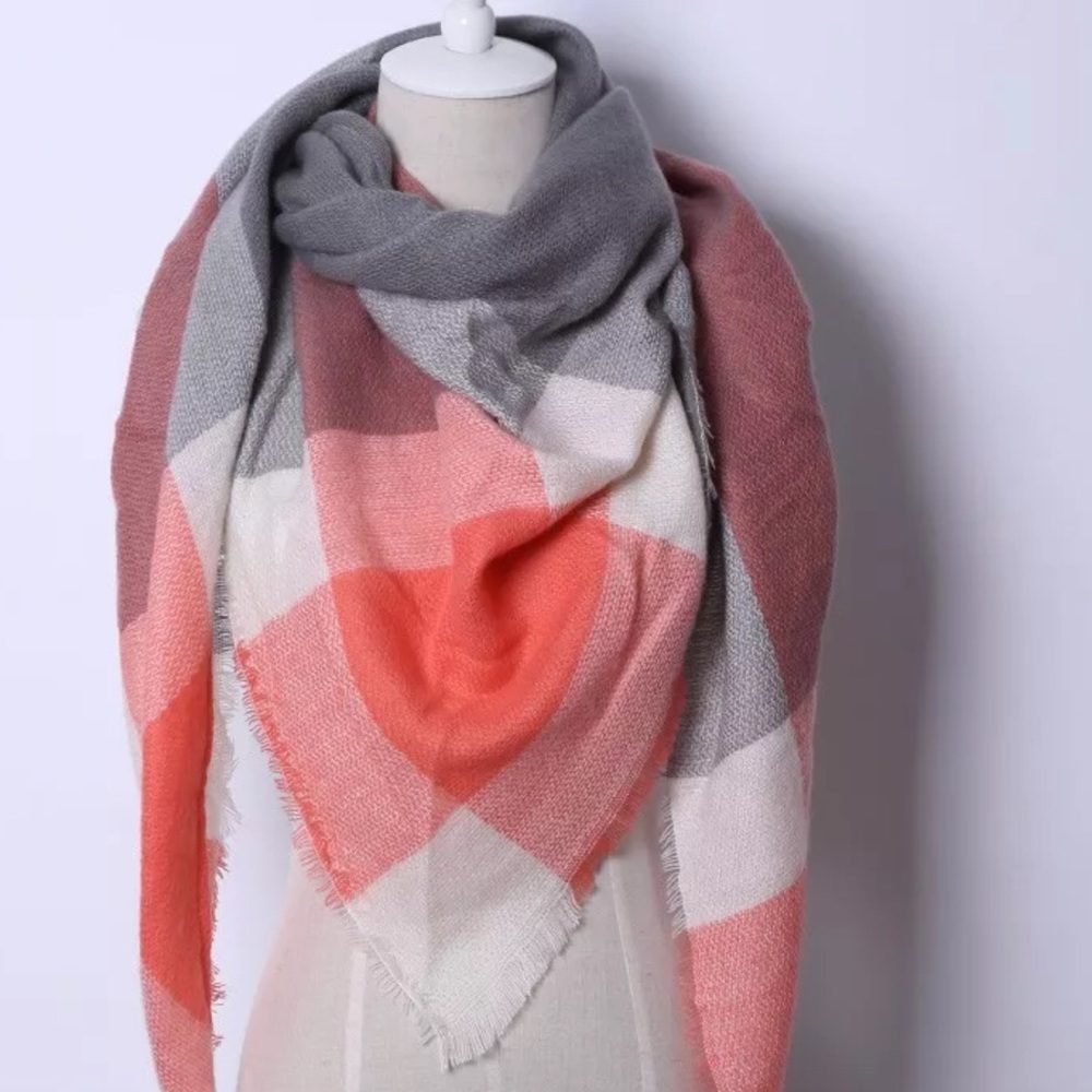 cashmere scarf/ shawl- grey/ coral